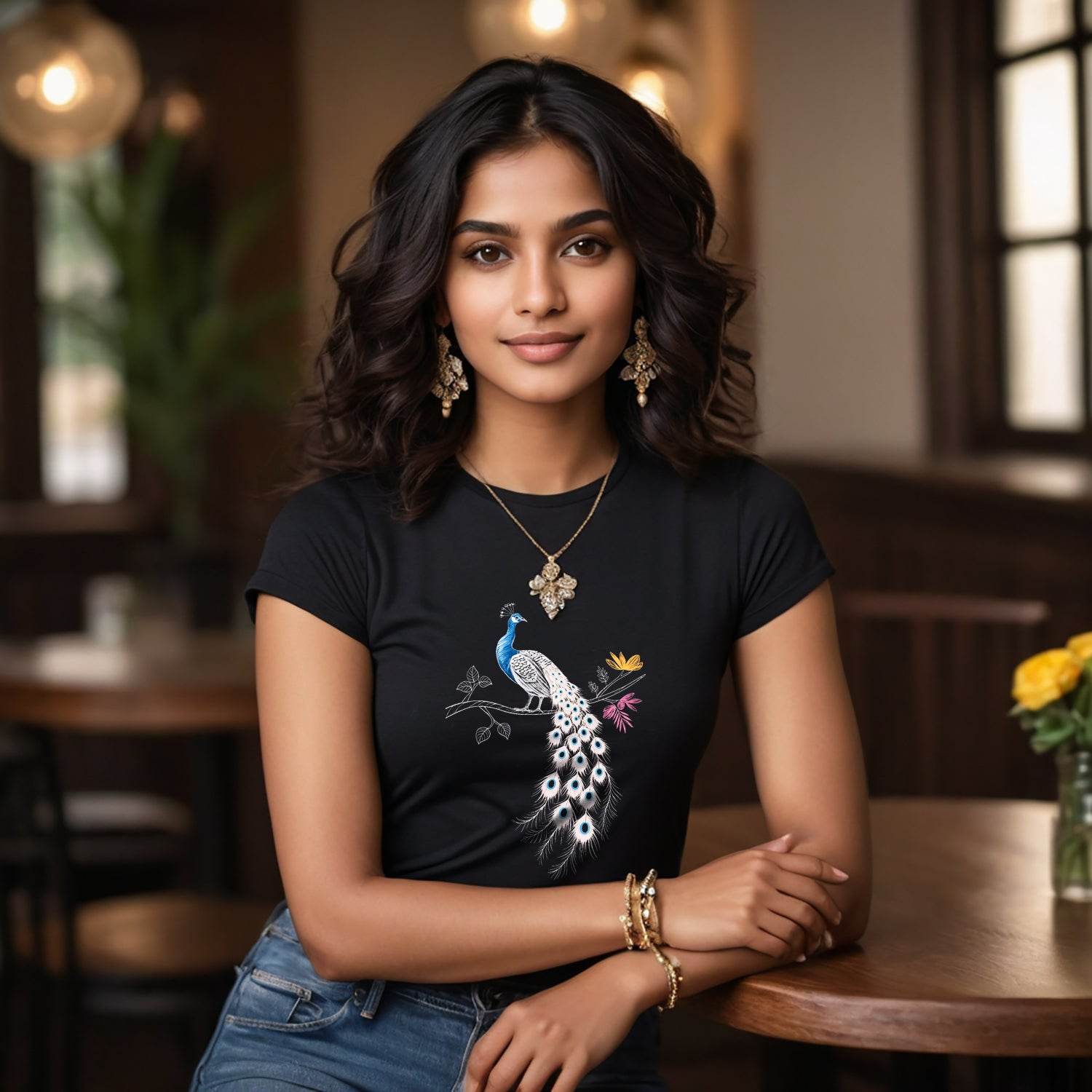 Fancy Jacobean Peacock - Unisex Round Neck Regular Fit 100% Combed Cotton Half Sleeve T-Shirt - Mojilo Mart