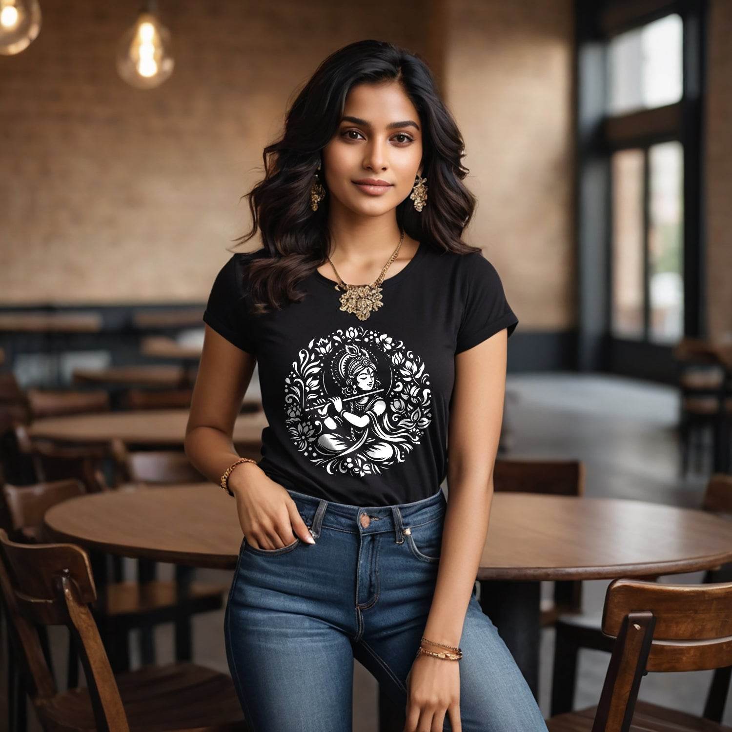 Krishna painting Art work - Unisex Round Neck Regular Fit 100% Combed Cotton Half Sleeve T-Shirt - Mojilo Mart