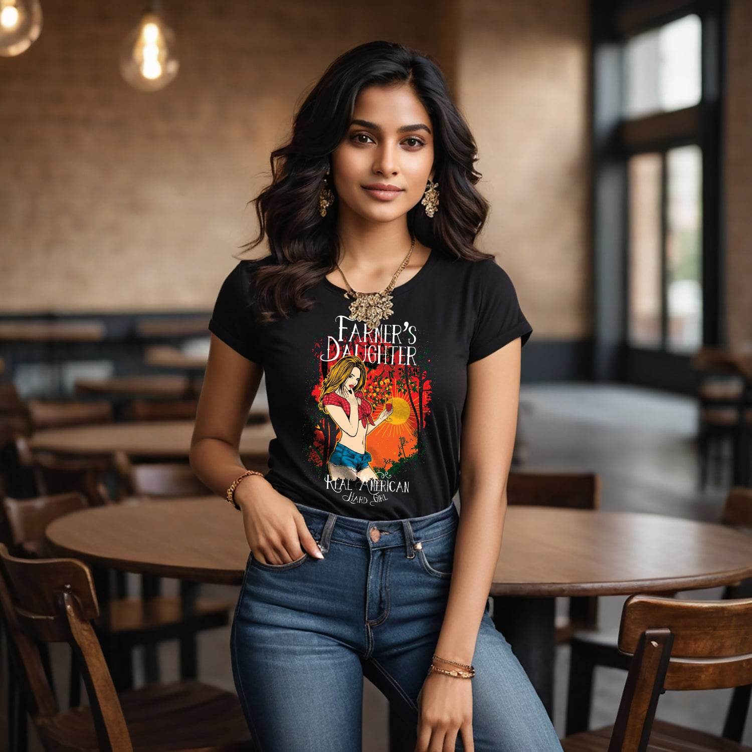 FARMER'S DAUGHTER REAL AMERICAN HARD GIRL - Unisex Round Neck Regular Fit 100% Combed Cotton Half Sleeve T-Shirt - Mojilo Mart