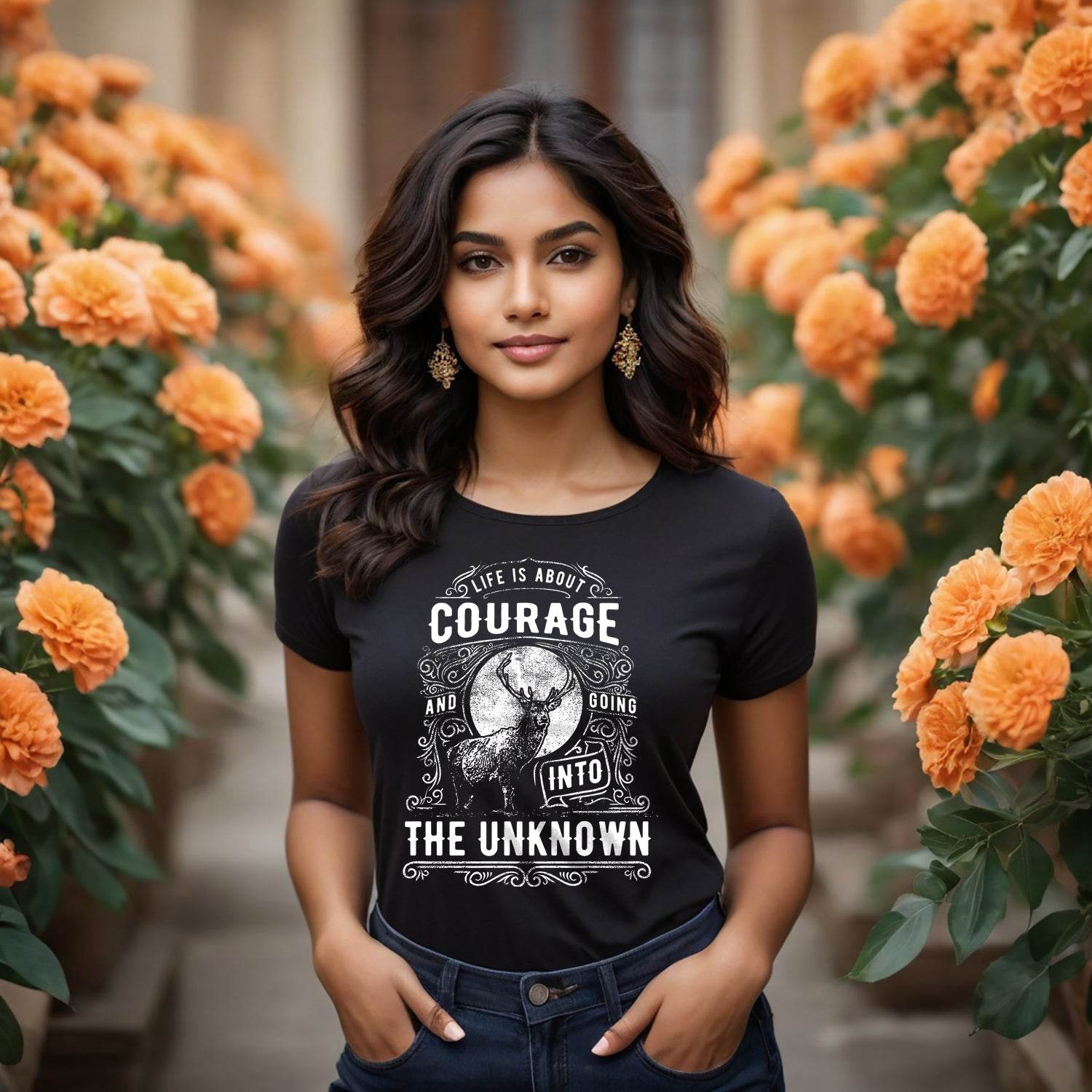 LIFE IS ABOUT COURAGE AND GOING INTO THE UNKNOWN - Unisex Round Neck Regular Fit 100% Combed Cotton Half Sleeve T-Shirt - Mojilo Mart