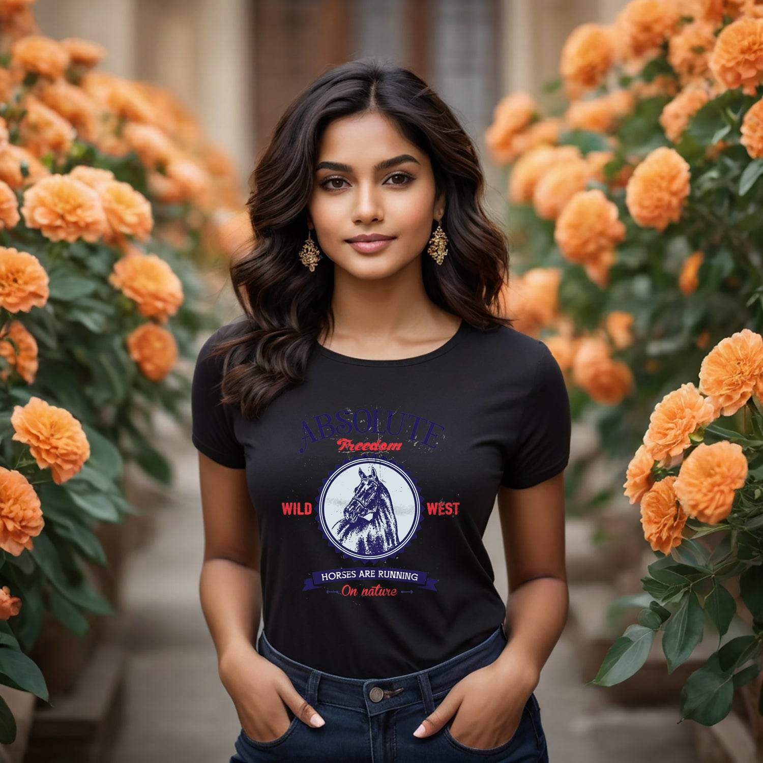 Absolute Freedom Horses Wild West - Unisex Round Neck Regular Fit 100% Combed Cotton Half Sleeve T-Shirt - Mojilo Mart