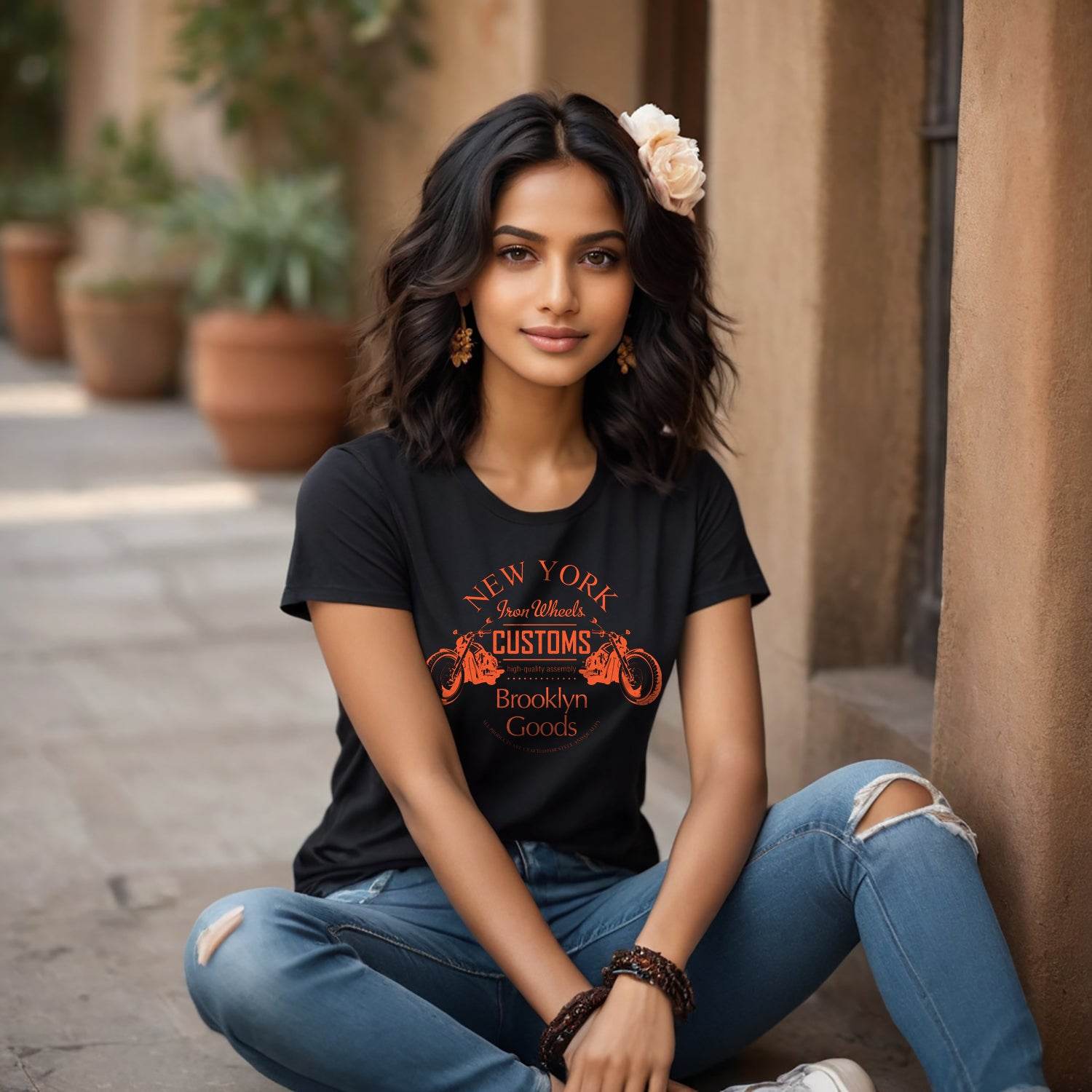 NEW YORK Iron Wheels CUSTOMS Brooklyn Goods - Unisex Round Neck Regular Fit 100% Combed Cotton Half Sleeve T-Shirt - Mojilo Mart