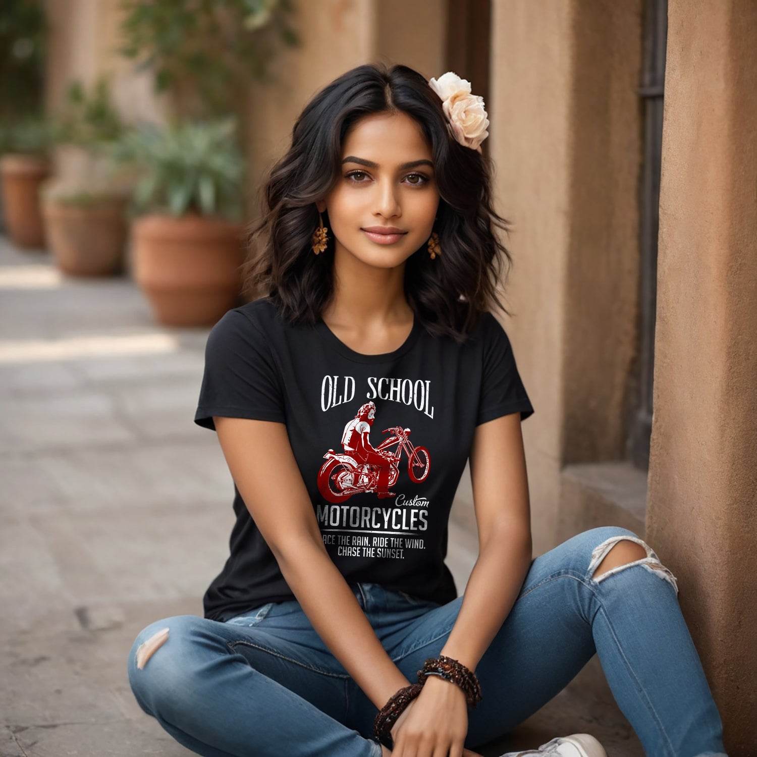 OLD SCHOOL Custom MOTORCYCLES RACE THE RAIN. RIDE THE WIND. CHASE THE SUNSET - Unisex Round Neck Regular Fit 100% Combed Cotton Half Sleeve T-Shirt - Mojilo Mart