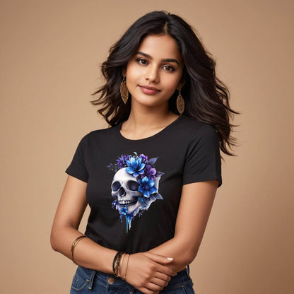 Floral Skull Clip art antique illustrations of human skulls and flowers - Unisex Round Neck Regular Fit 100% Combed Cotton Half Sleeve T-Shirt - Mojilo Mart