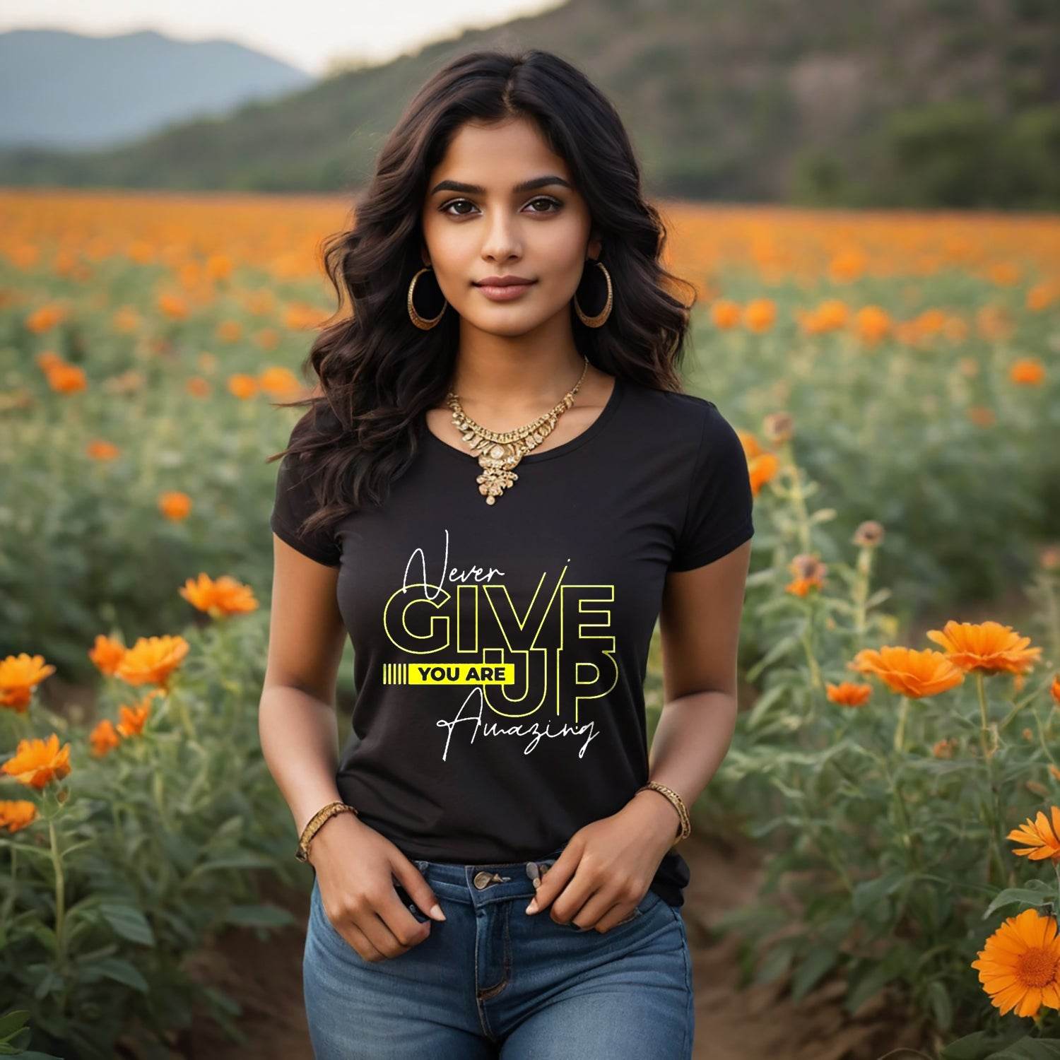 NEVER GIVE UP ARE YOU Amazing - Unisex Round Neck Regular Fit 100% Combed Cotton Half Sleeve T-Shirt - Mojilo Mart