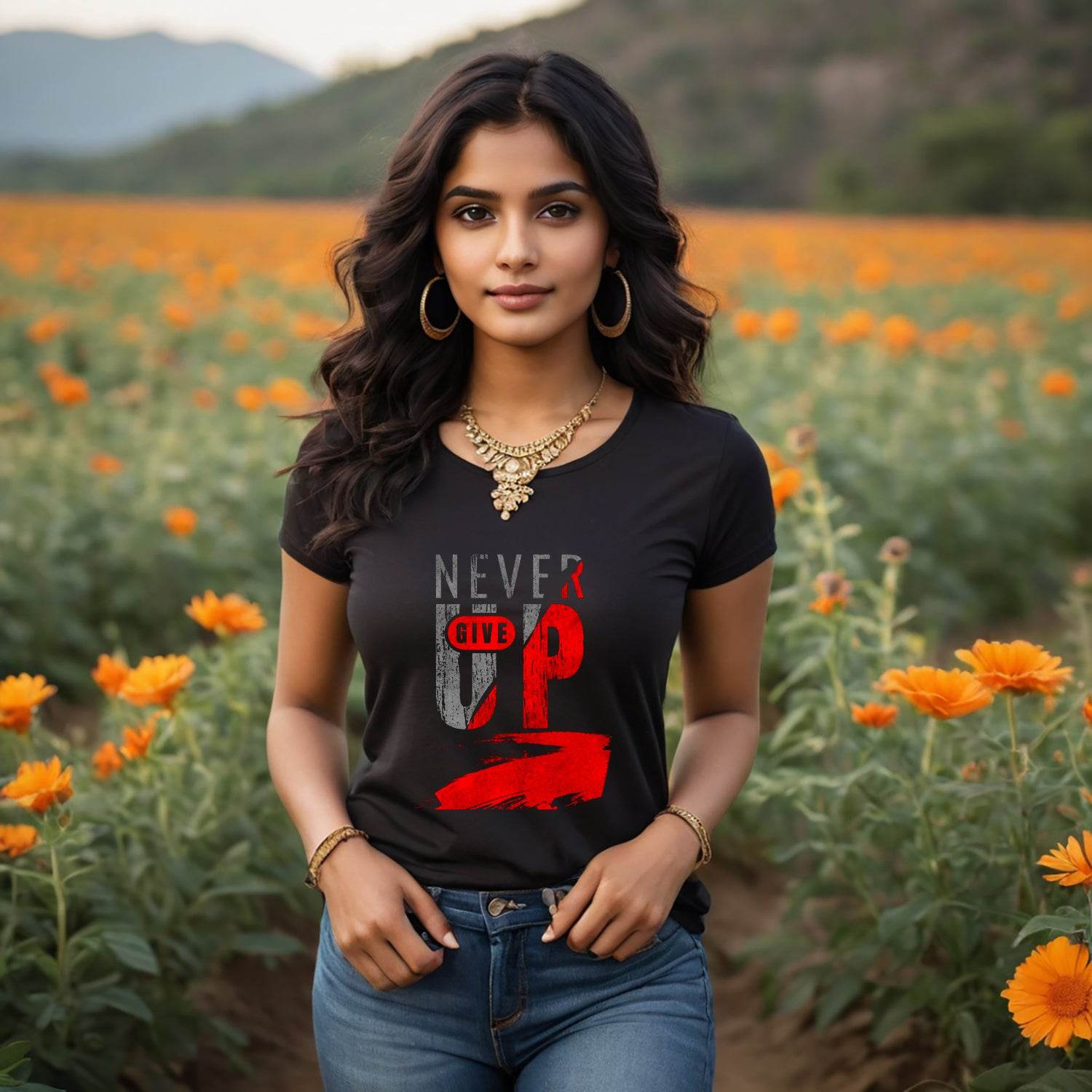NEVER GIVE UP Print - Unisex Round Neck Regular Fit 100% Combed Cotton Half Sleeve T-Shirt - Mojilo Mart