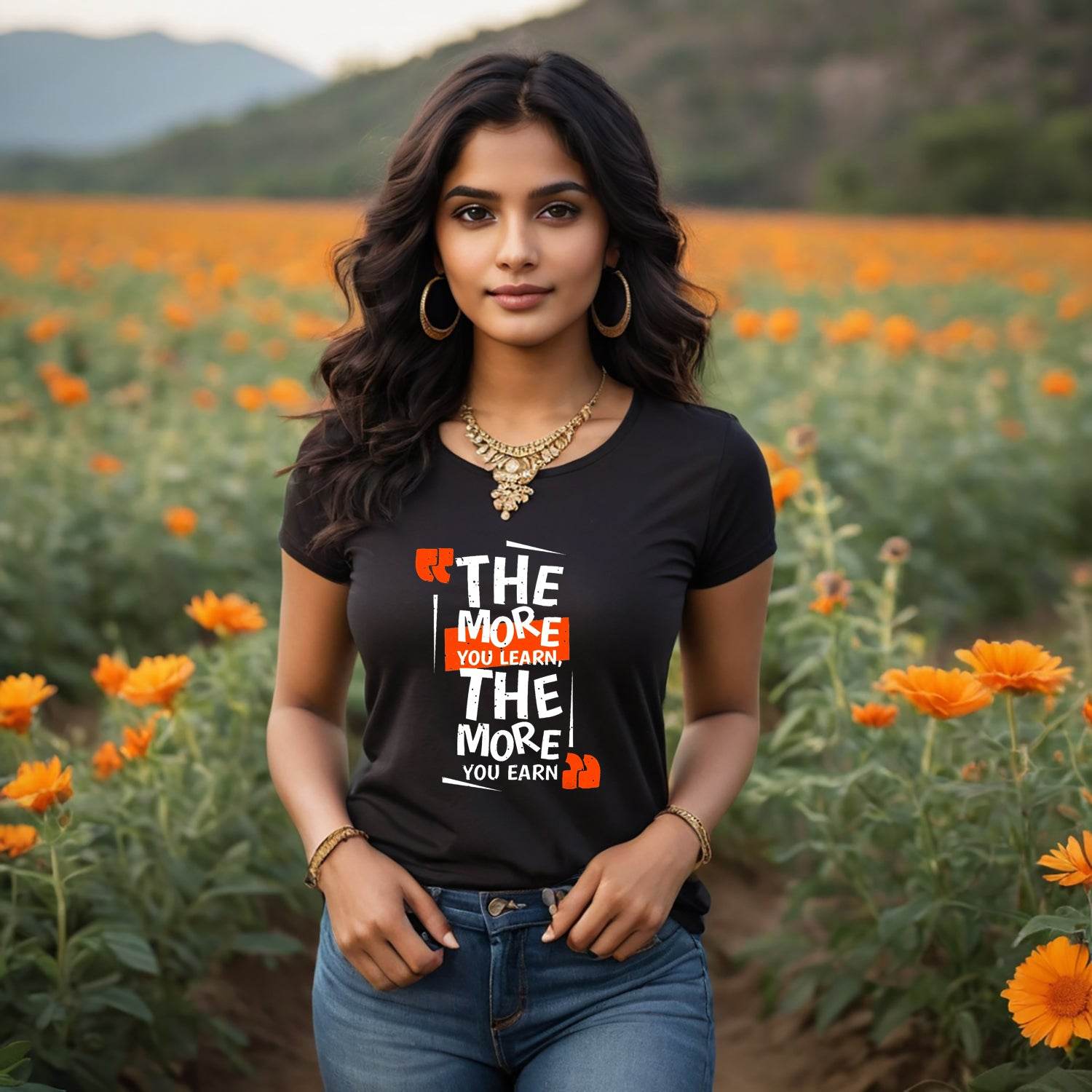 THE MORE YOU LEARN, THE MORE YOU EARN - Unisex Round Neck Regular Fit 100% Combed Cotton Half Sleeve T-Shirt - Mojilo Mart
