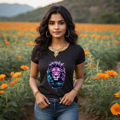 Neon light Lion artwork design digital art - Unisex Round Neck Regular Fit 100% Combed Cotton Half Sleeve T-Shirt - Mojilo Mart