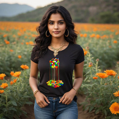 Rainbow Abstraction Melted Rubix Cube - Unisex Round Neck Regular Fit 100% Combed Cotton Half Sleeve T-Shirt - Mojilo Mart