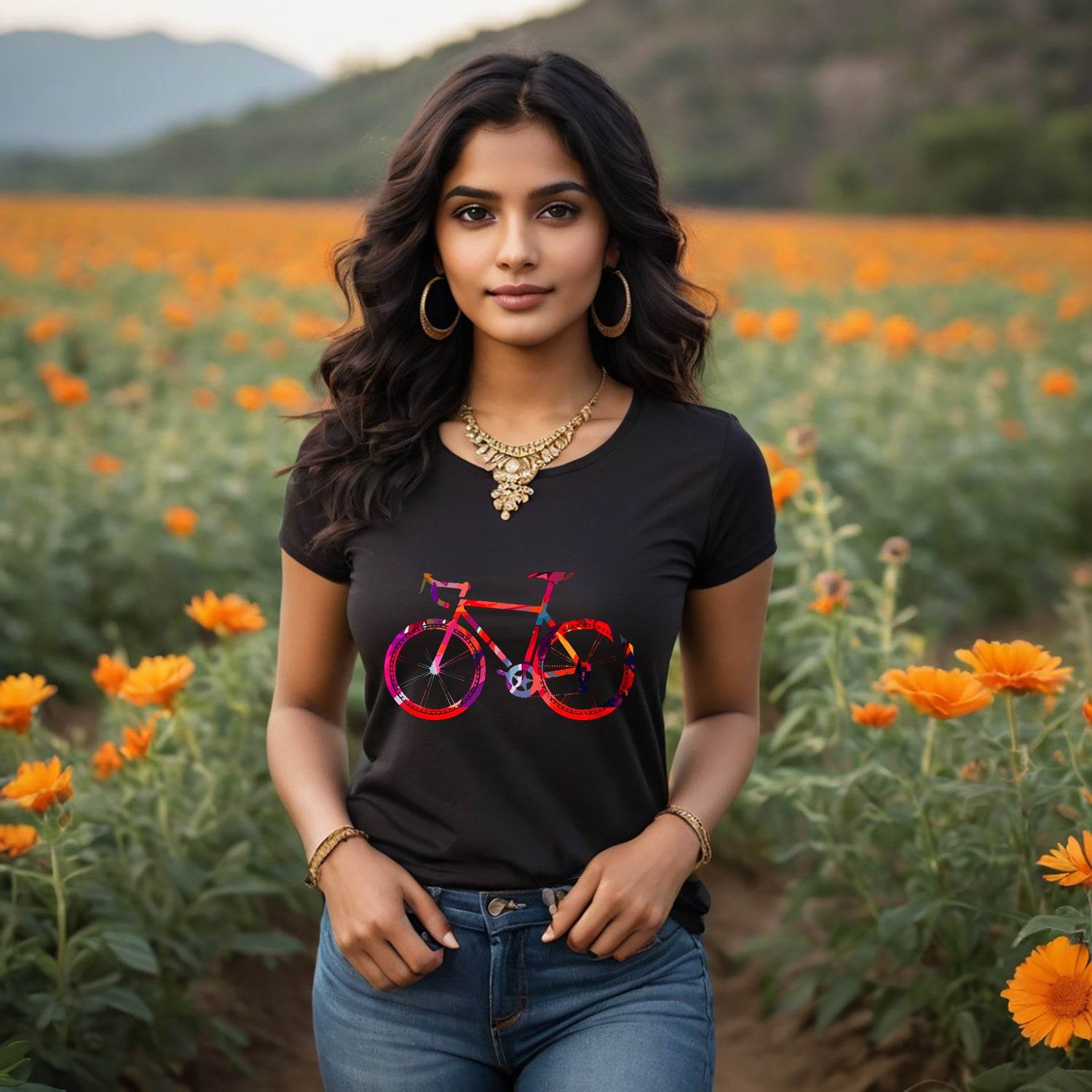 Road bike water color - Unisex Round Neck Regular Fit 100% Combed Cotton Half Sleeve T-Shirt - Mojilo Mart