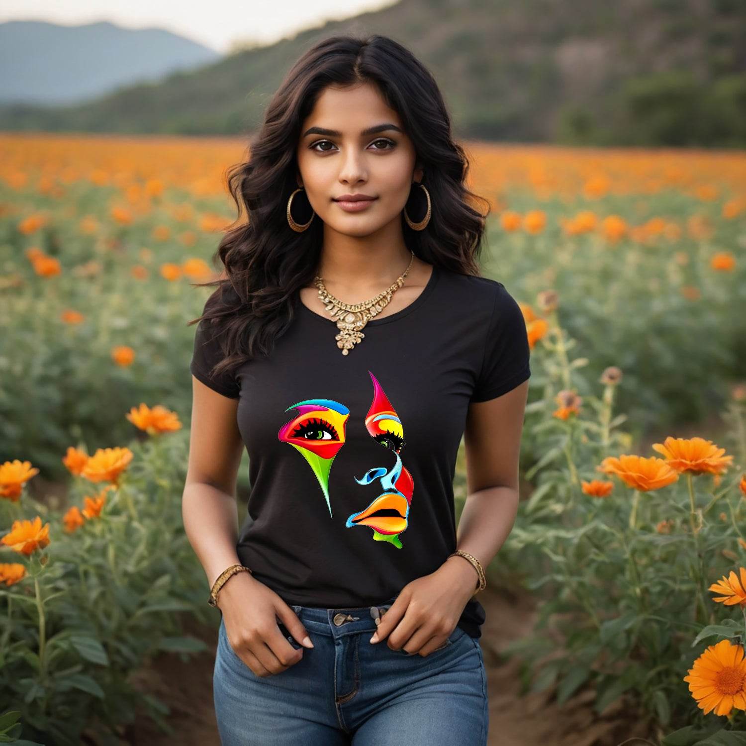Colorful Woman Face - Unisex Round Neck Regular Fit 100% Combed Cotton Half Sleeve T-Shirt - Mojilo Mart