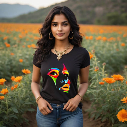 Colorful Woman Face - Unisex Round Neck Regular Fit 100% Combed Cotton Half Sleeve T-Shirt - Mojilo Mart