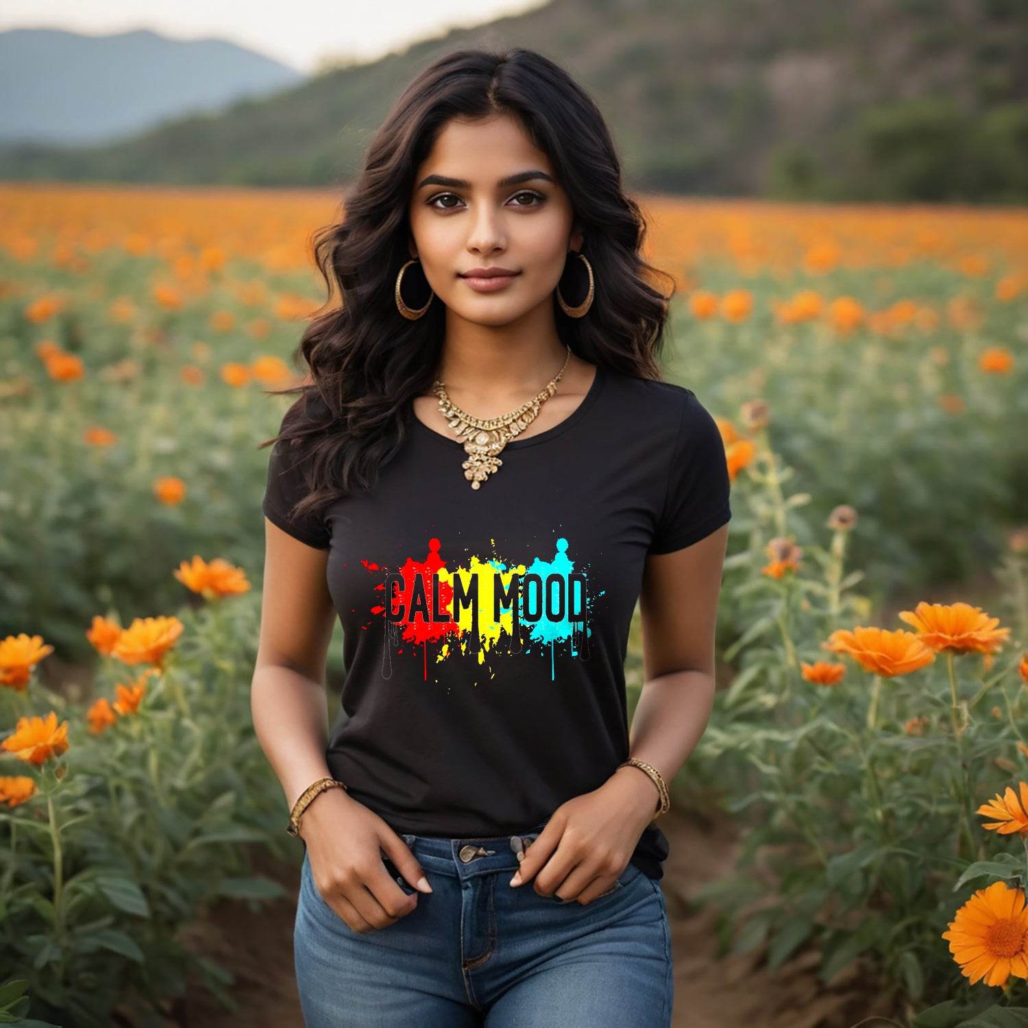 CALM MOOD - Unisex Round Neck Regular Fit 100% Combed Cotton Half Sleeve T-Shirt - Mojilo Mart