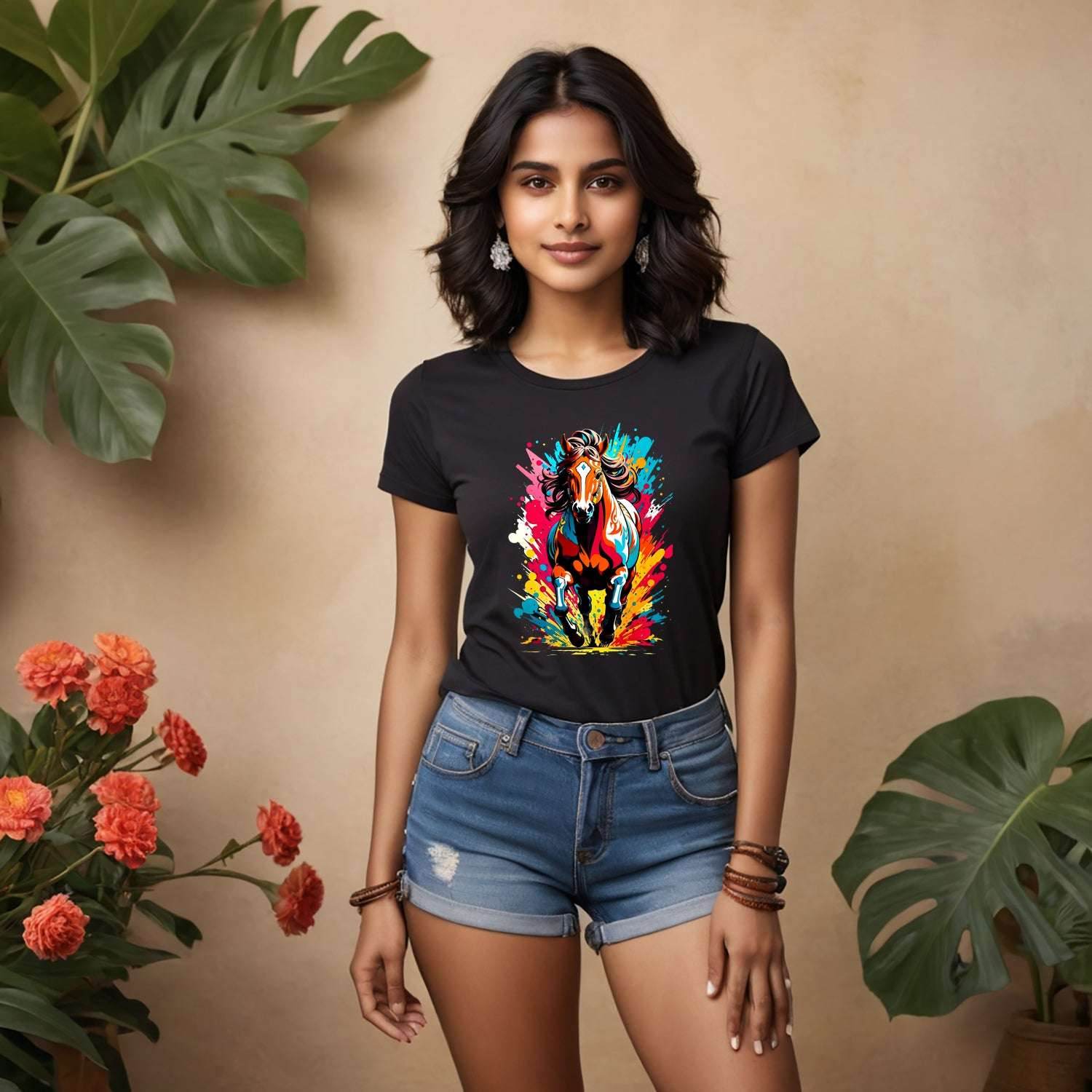 Colorful graffiti of a horse - Unisex Round Neck Regular Fit 100% Combed Cotton Half Sleeve T-Shirt - Mojilo Mart