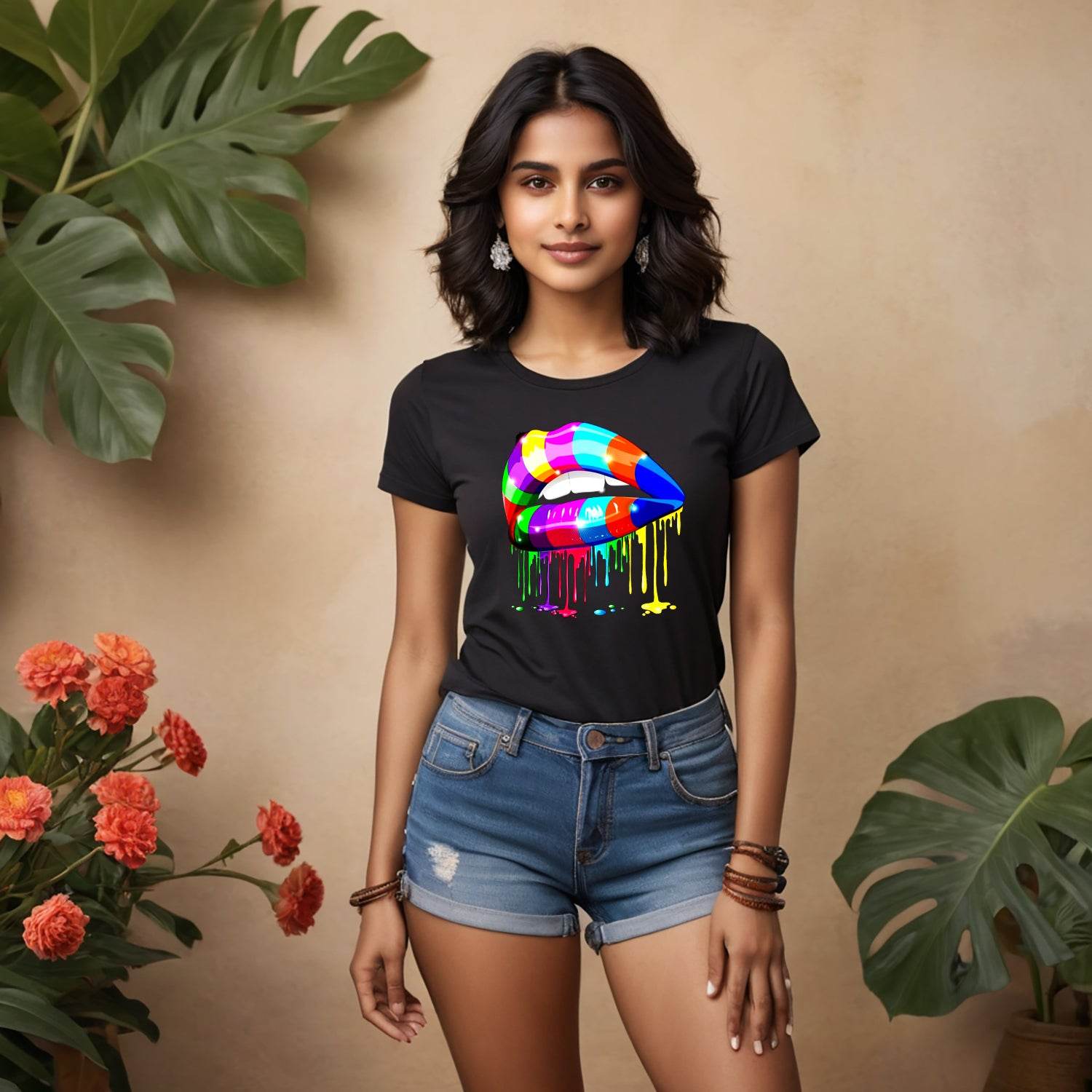 Sensual Lips Psychedelic - Unisex Round Neck Regular Fit 100% Combed Cotton Half Sleeve T-Shirt - Mojilo Mart