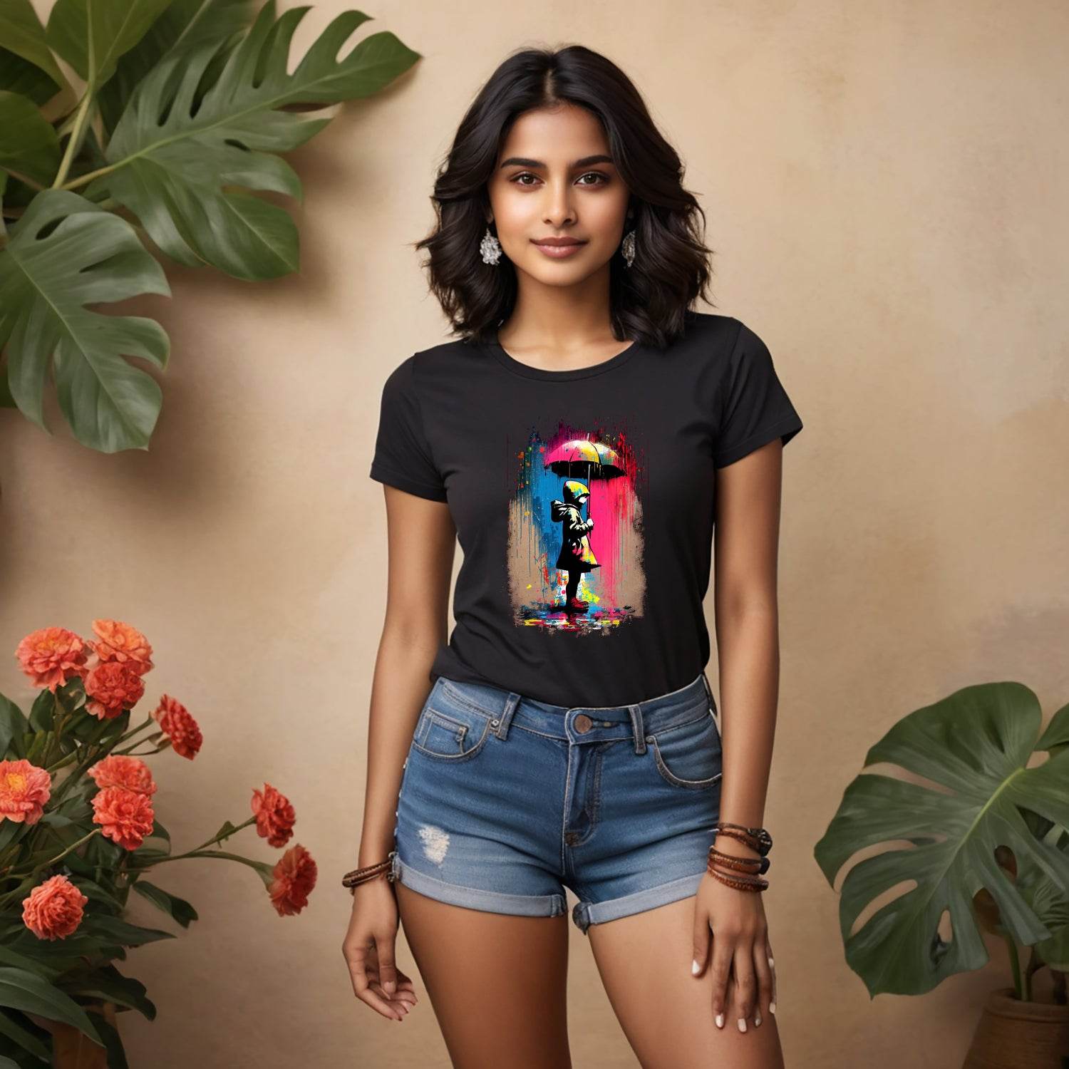 Umbrella Girl Rainbow Rain - Unisex Round Neck Regular Fit 100% Combed Cotton Half Sleeve T-Shirt - Mojilo Mart