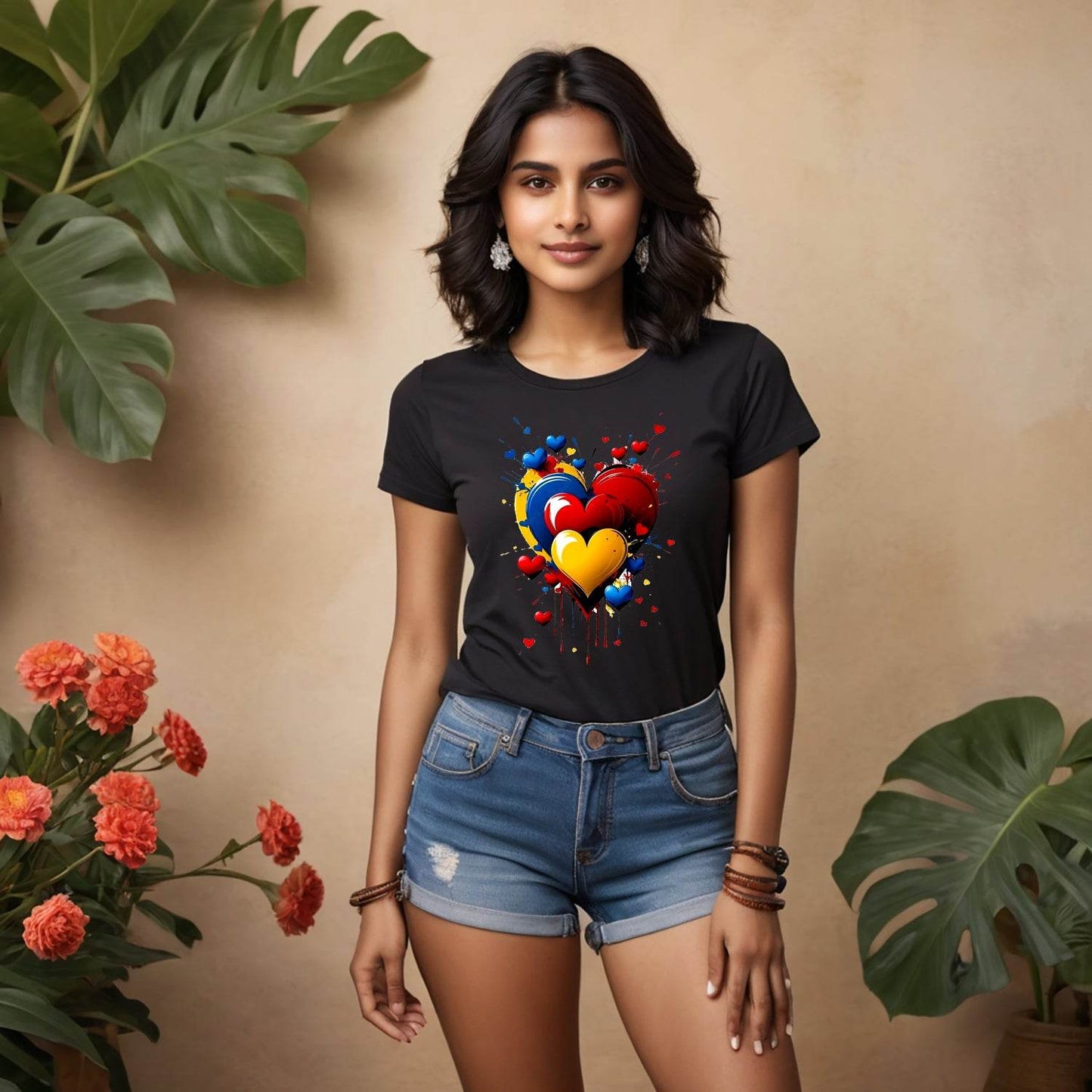 Abstract Colorful Acryl Hearts - Unisex Round Neck Regular Fit 100% Combed Cotton Half Sleeve T-Shirt - Mojilo Mart