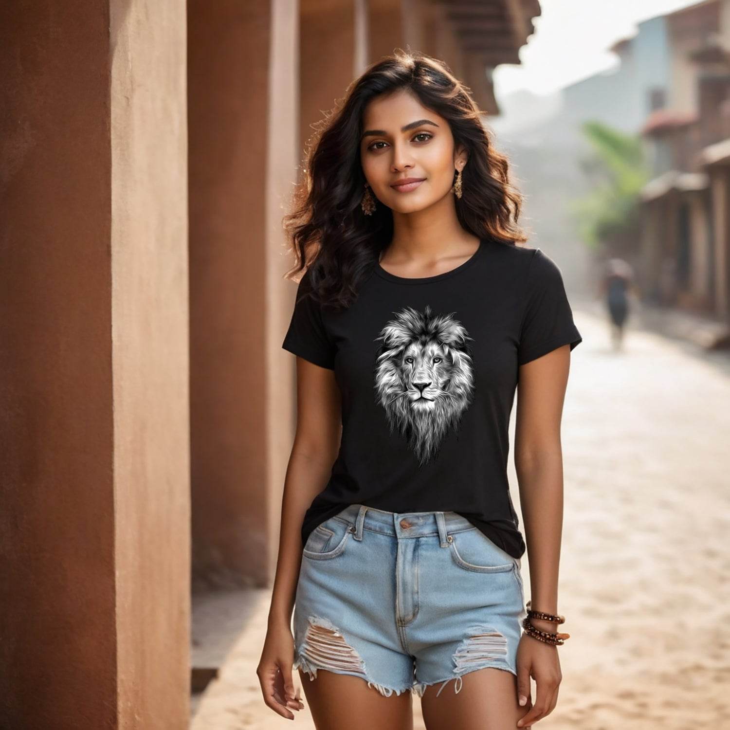 Nordic Animal Lion Black and White - Unisex Round Neck Regular Fit 100% Combed Cotton Half Sleeve T-Shirt - Mojilo Mart