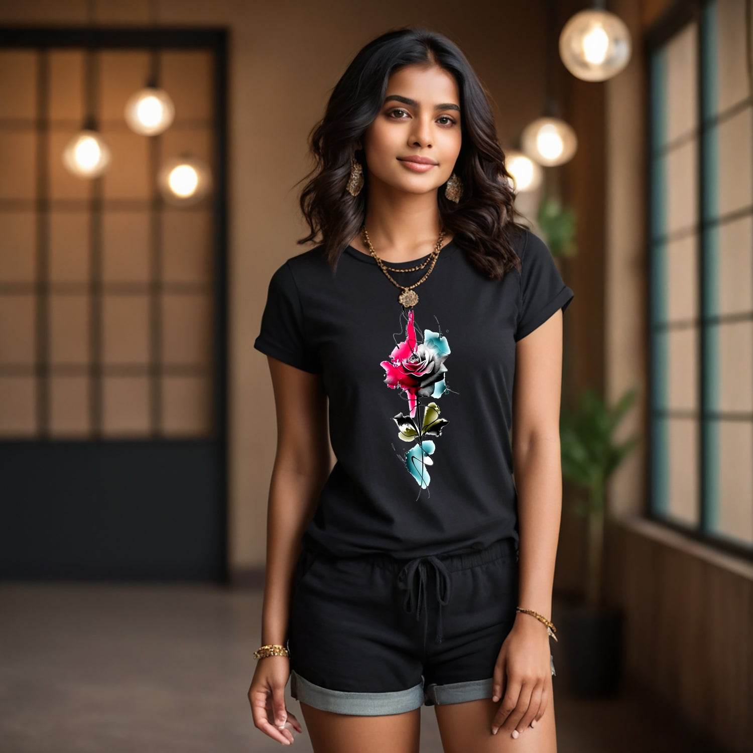 Beautiful Rose - Unisex Round Neck Regular Fit 100% Combed Cotton Half Sleeve T-Shirt - Mojilo Mart