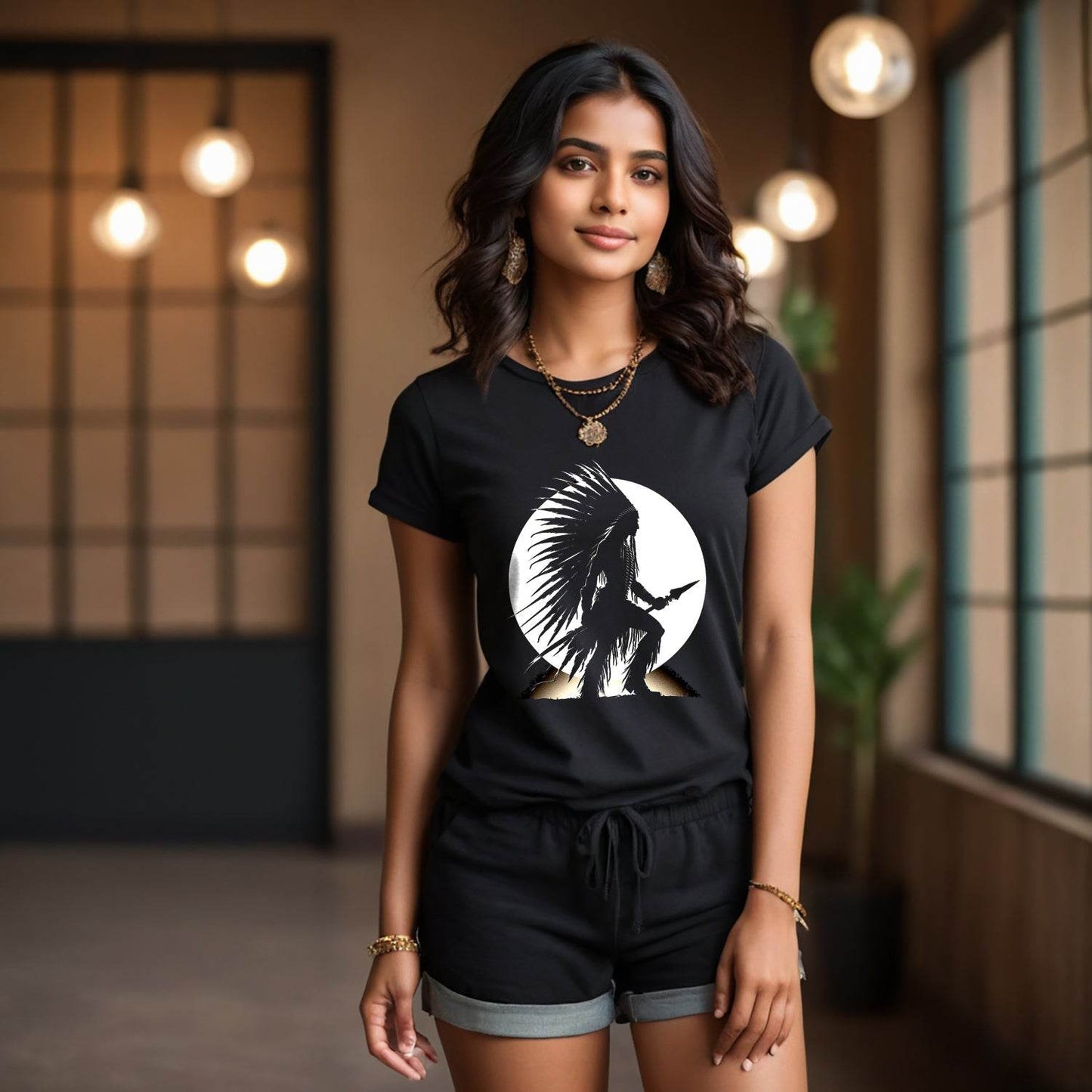 Native American Chief Silhouette vector - Unisex Round Neck Regular Fit 100% Combed Cotton Half Sleeve T-Shirt - Mojilo Mart
