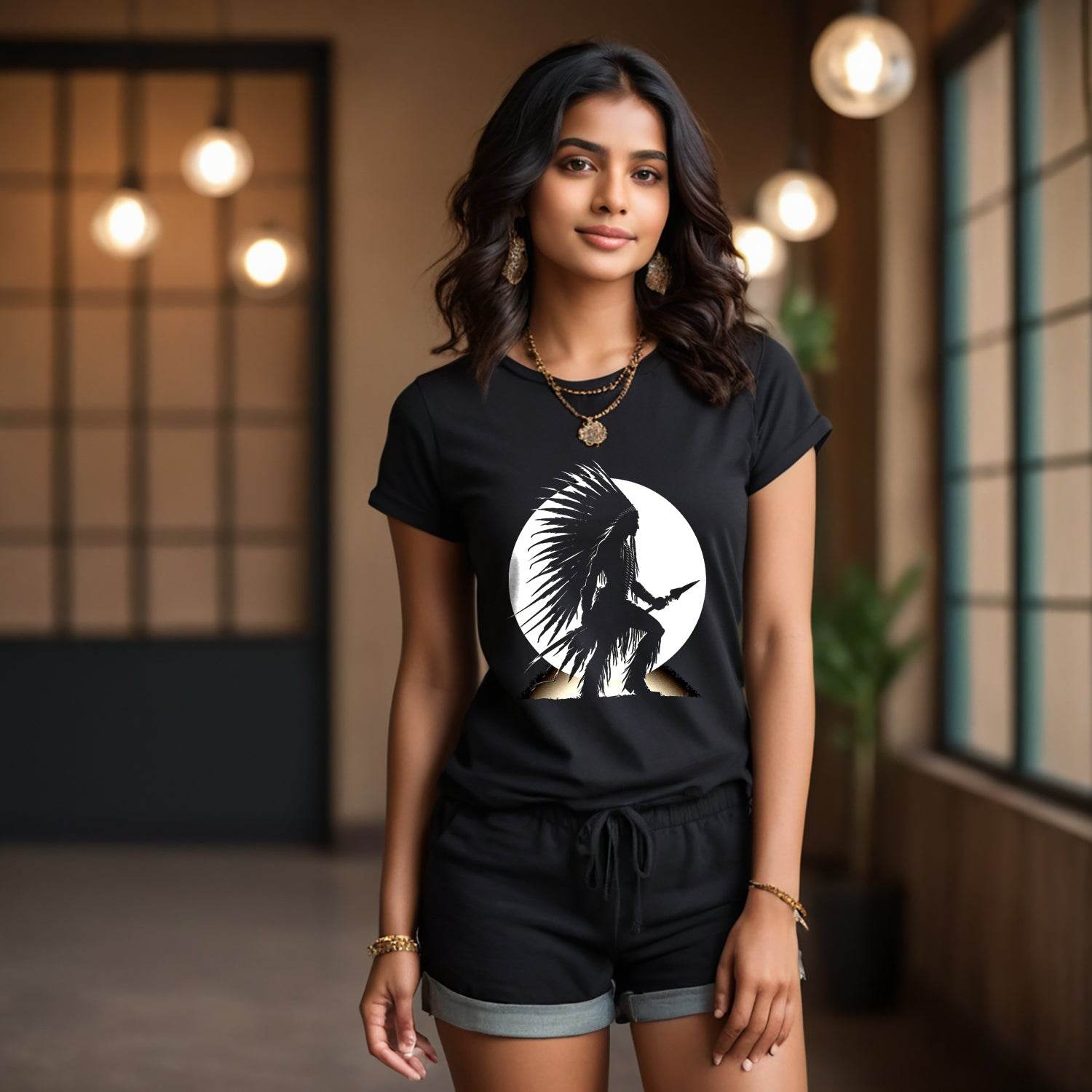 Native American Chief Silhouette vector - Unisex Round Neck Regular Fit 100% Combed Cotton Half Sleeve T-Shirt - Mojilo Mart