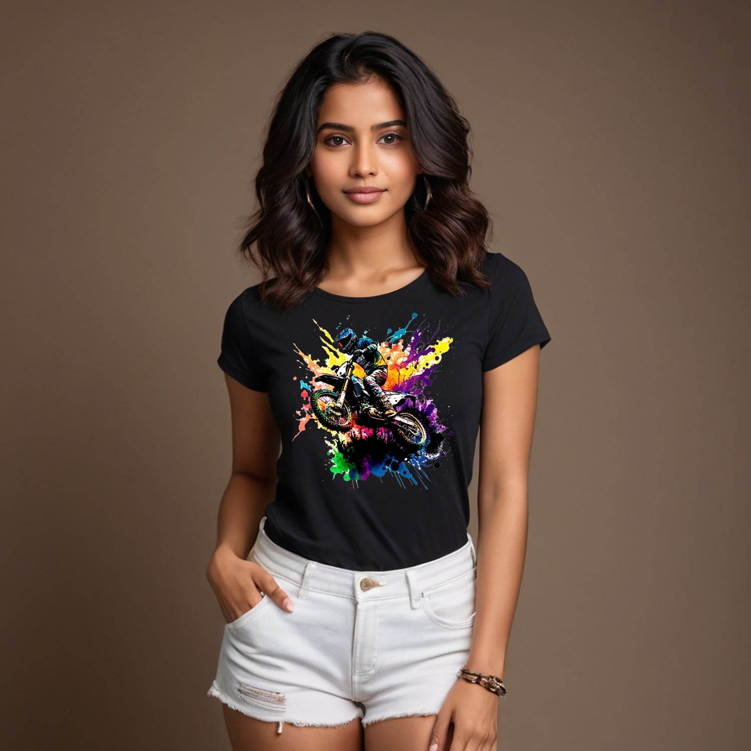 Motorcyclist riding a dirt bike in a colorful - Unisex Round Neck Regular Fit 100% Combed Cotton Half Sleeve T-Shirt - Mojilo Mart
