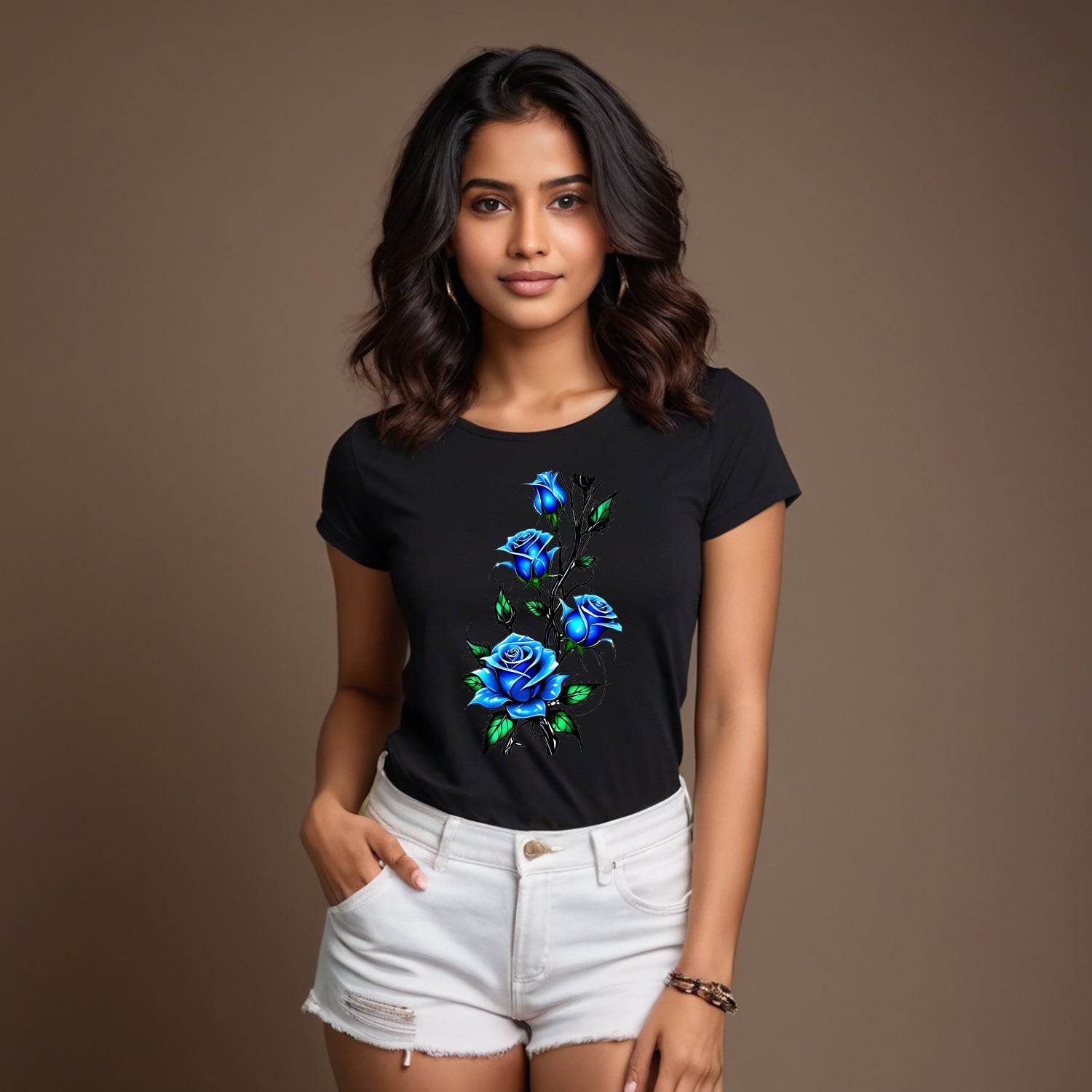 Rose In BLUE Color - Unisex Round Neck Regular Fit 100% Combed Cotton Half Sleeve T-Shirt - Mojilo Mart
