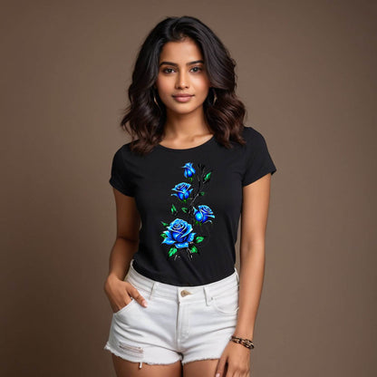 Rose In BLUE Color - Unisex Round Neck Regular Fit 100% Combed Cotton Half Sleeve T-Shirt - Mojilo Mart