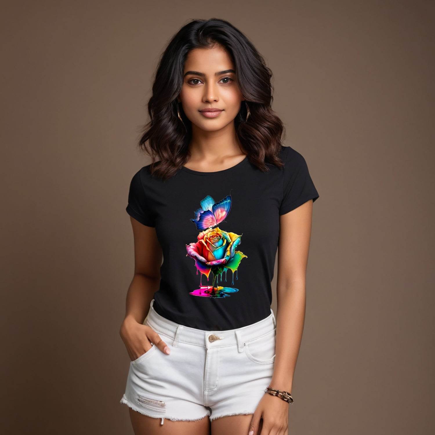 Colorful Butterflies ROSE Art - Unisex Round Neck Regular Fit 100% Combed Cotton Half Sleeve T-Shirt - Mojilo Mart