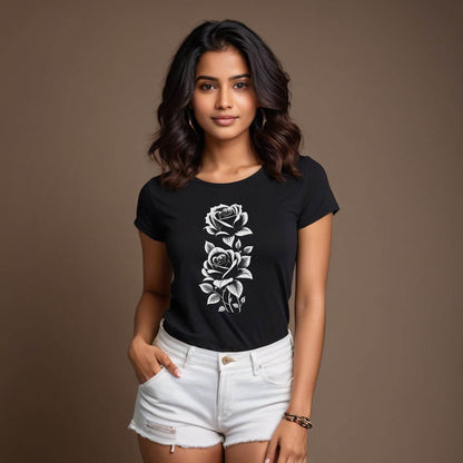 Monochrome Roses Beading Tapestry Pattern - Unisex Round Neck Regular Fit 100% Combed Cotton Half Sleeve T-Shirt - Mojilo Mart