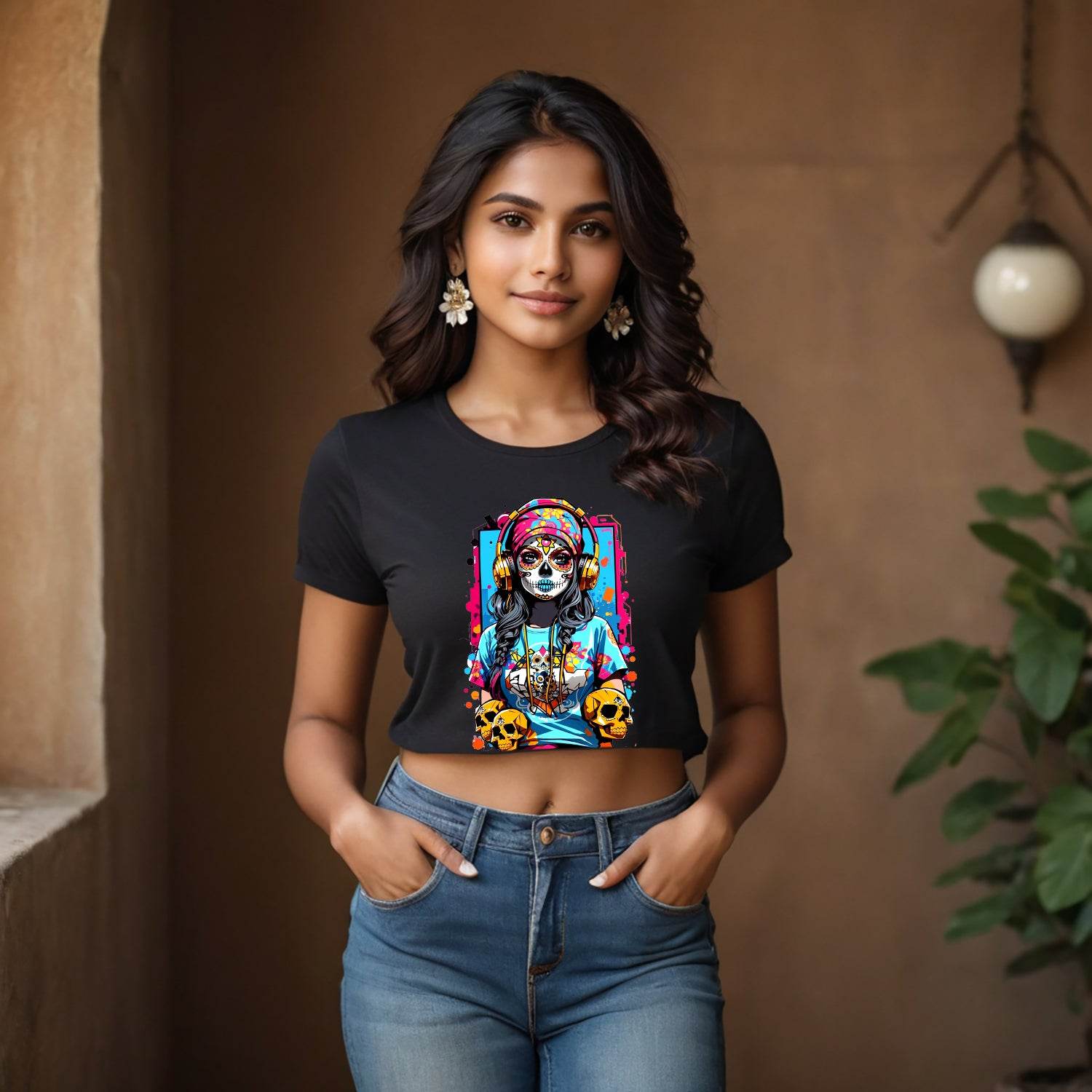A sugar skull girl figure - Unisex Round Neck Regular Fit 100% Combed Cotton Half Sleeve T-Shirt - Mojilo Mart