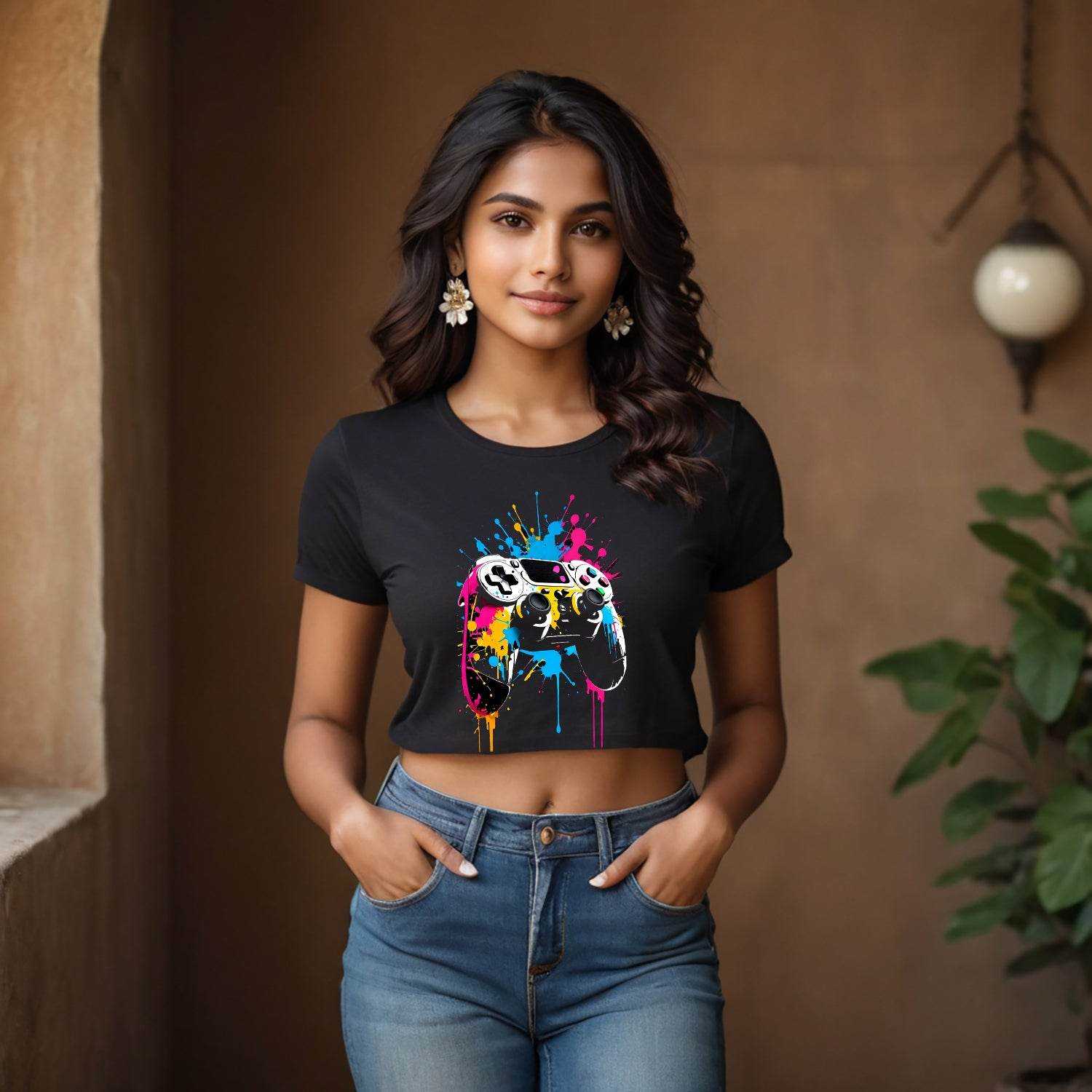 Playstation controller with a multi-coloured ink splash - Unisex Round Neck Regular Fit 100% Combed Cotton Half Sleeve T-Shirt - Mojilo Mart