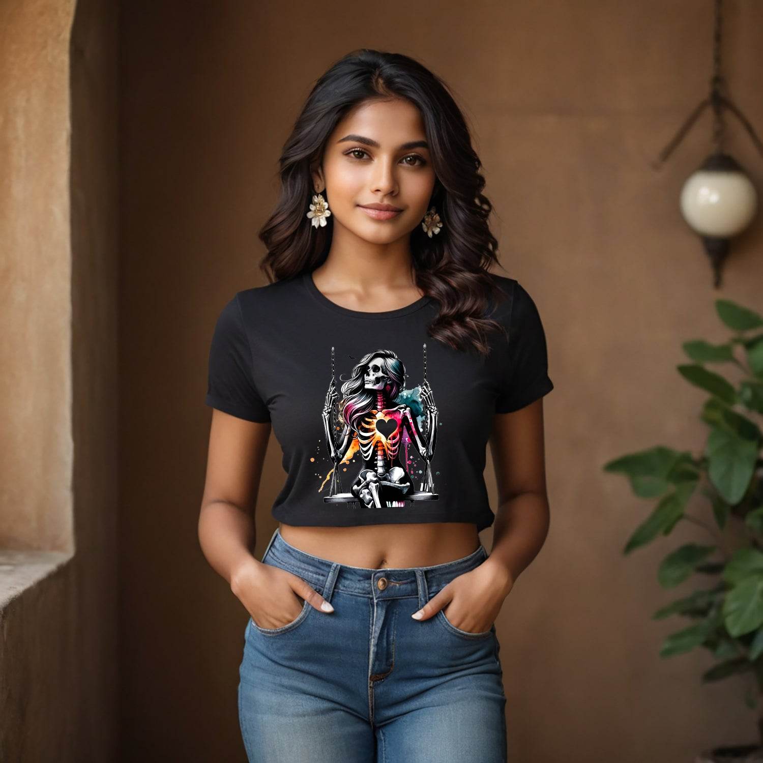 Swinging Skeleton WOMEN - Unisex Round Neck Regular Fit 100% Combed Cotton Half Sleeve T-Shirt - Mojilo Mart