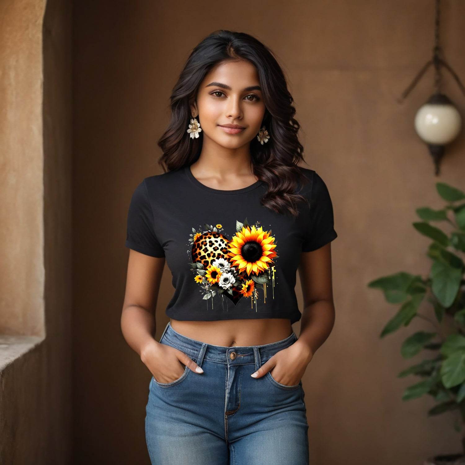 Leopard print heart design with sunflowers - Unisex Round Neck Regular Fit 100% Combed Cotton Half Sleeve T-Shirt - Mojilo Mart