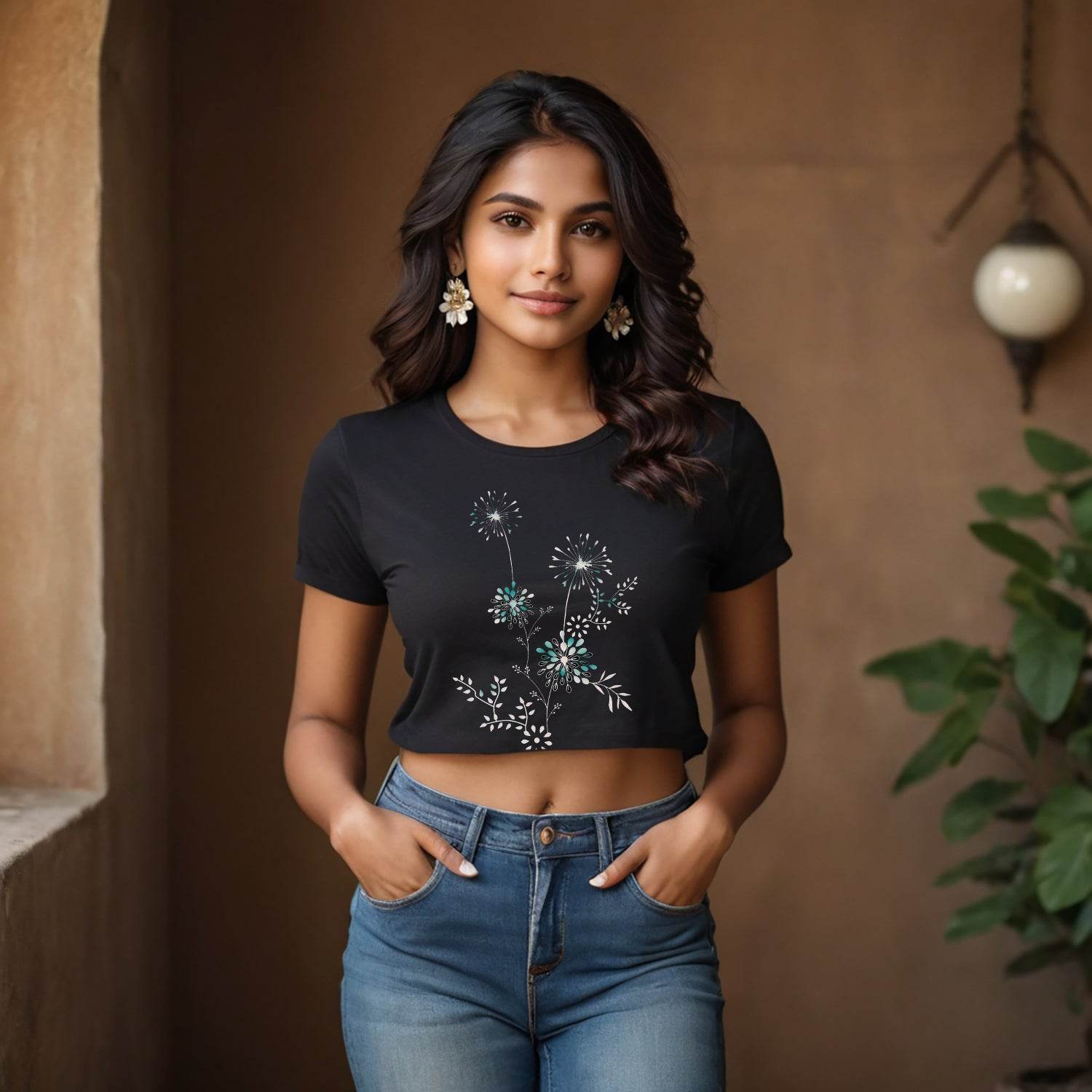 Beautiful flowers cute black with flower - Unisex Round Neck Regular Fit 100% Combed Cotton Half Sleeve T-Shirt - Mojilo Mart