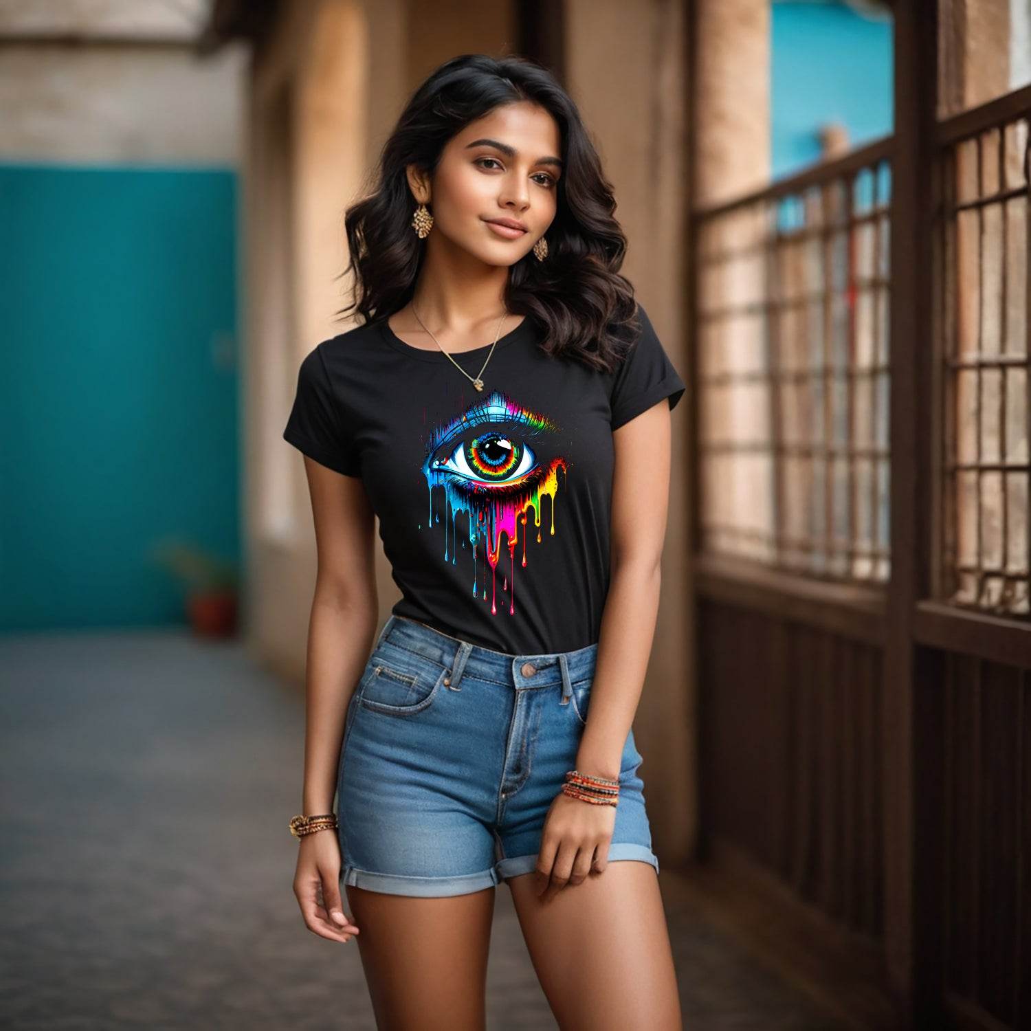 Aesthetic abstract eye with colourful drip effect - Unisex Round Neck Regular Fit 100% Combed Cotton Half Sleeve T-Shirt - Mojilo Mart