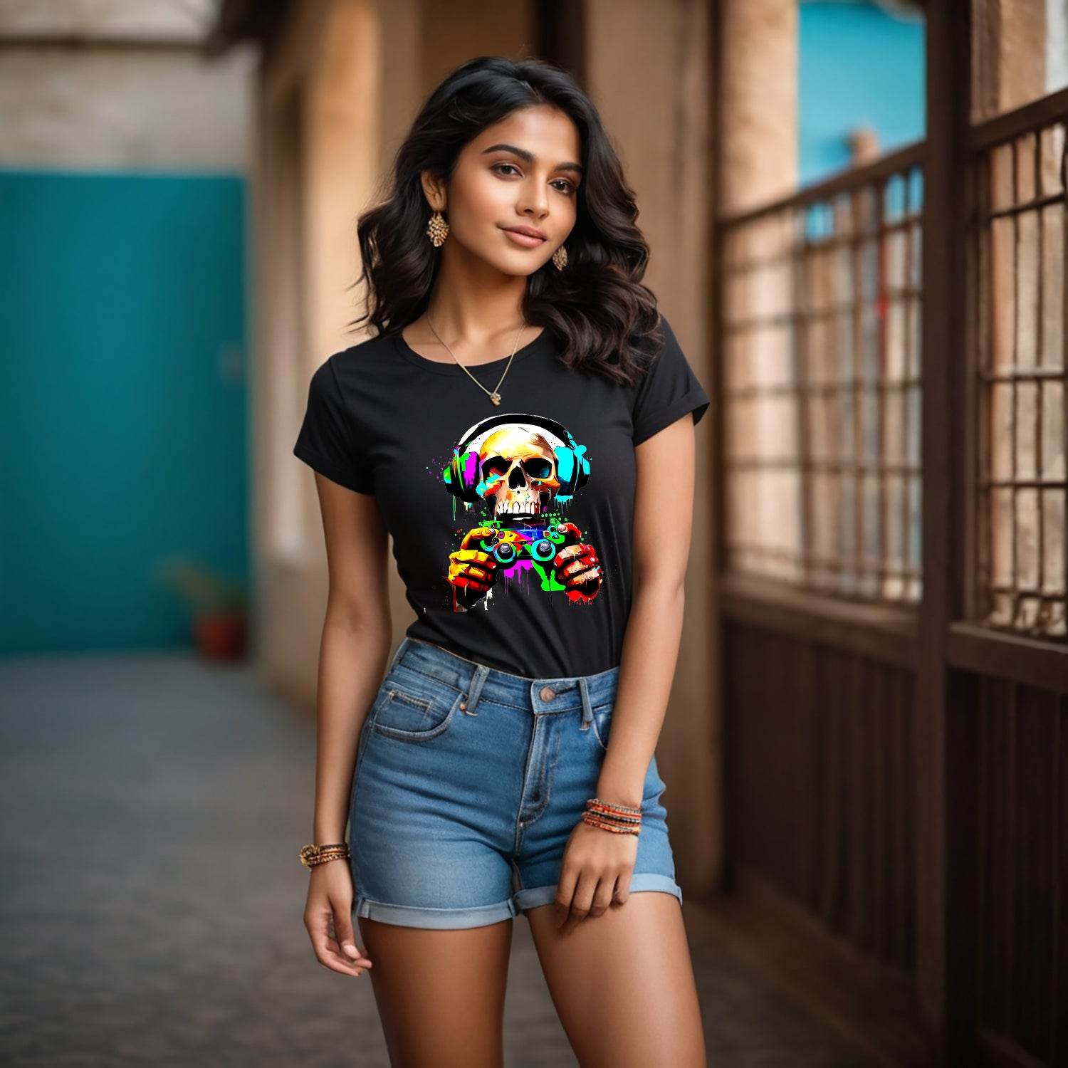 Gaming Skull with Headphones Design - Unisex Round Neck Regular Fit 100% Combed Cotton Half Sleeve T-Shirt - Mojilo Mart