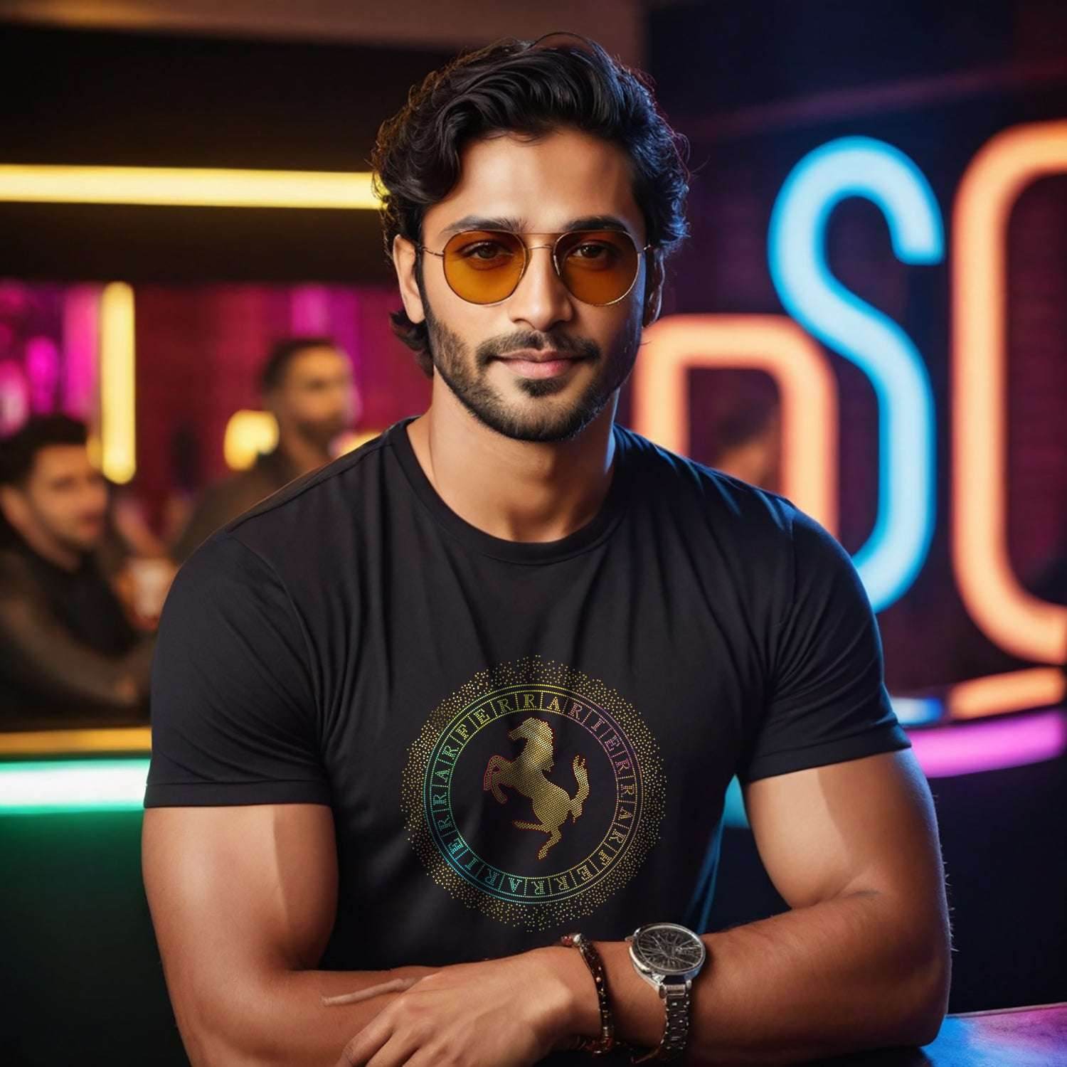RAINBOW & GOLD SPANGLE FERRARI HOURS - Unisex Round Neck Regular Fit 100% Combed Cotton Half Sleeve T-Shirt - Mojilo Mart