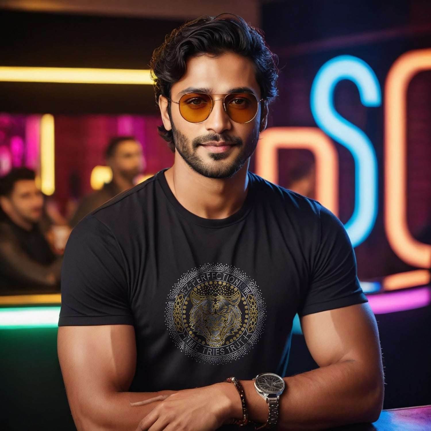 SILVER & GOLD SPANGLE TIGER EZ-PERFECTIONISM -TIME TRIES TRUTH - Unisex Round Neck Regular Fit 100% Combed Cotton Half Sleeve T-Shirt - Mojilo Mart