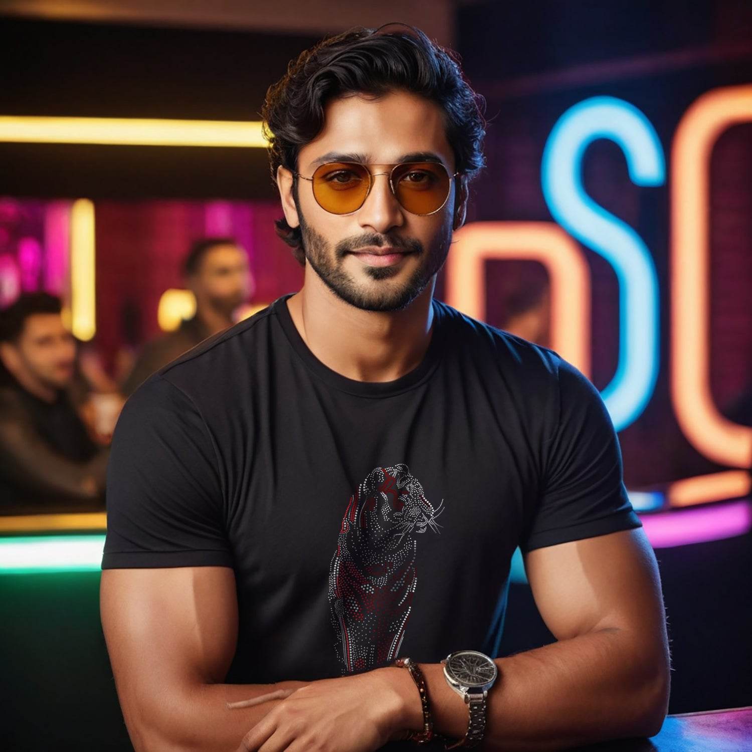SILVER & RED SPANGLE ROYAL Bengal Tiger - Unisex Round Neck Regular Fit 100% Combed Cotton Half Sleeve T-Shirt - Mojilo Mart
