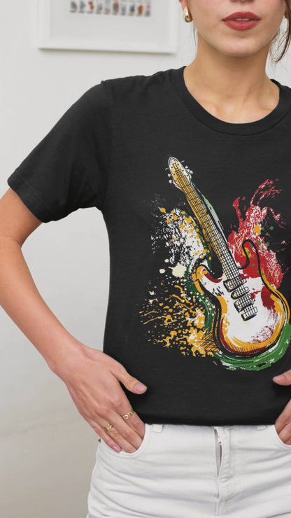 Guitar Dripping Paint Effect - Unisex Round Neck Regular Fit 100% Combed Cotton Half Sleeve T-Shirt