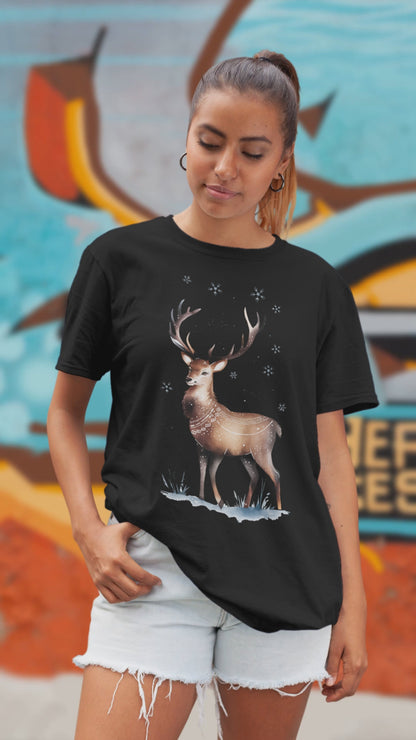 Cheerful Reindeer Graphic for Holiday - Unisex Round Neck Regular Fit 100% Combed Cotton Half Sleeve T-Shirt