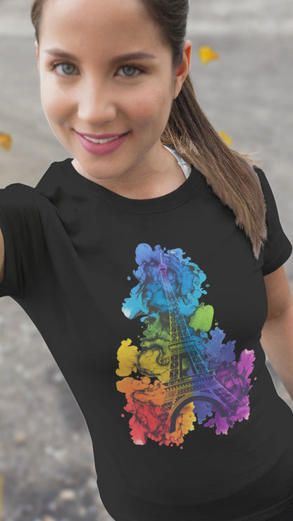 Paris Eiffel Tower Artistic Rainbow - Unisex Round Neck Regular Fit 100% Combed Cotton Half Sleeve T-Shirt