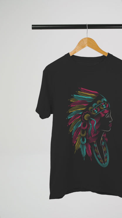Native American Headdress Feathers Tribal - Unisex Round Neck Regular Fit 100% Combed Cotton Half Sleeve T-Shirt