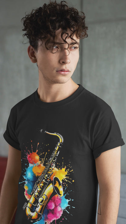 Colorful Saxophone with Musical Splash Art - Unisex Round Neck Regular Fit 100% Combed Cotton Half Sleeve T-Shirt