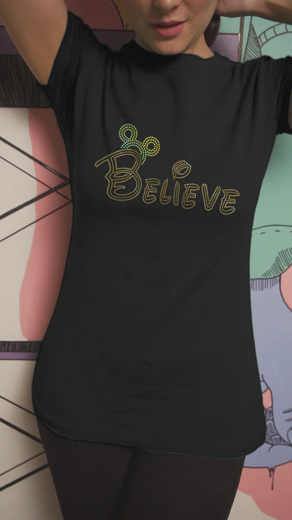GOLD RAINBOW SPANGLE BELIEVE - Unisex Round Neck Regular Fit 100% Combed Cotton Half Sleeve T-Shirt