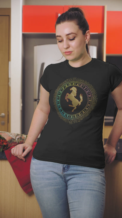 RAINBOW & GOLD SPANGLE FERRARI HOURS - Unisex Round Neck Regular Fit 100% Combed Cotton Half Sleeve T-Shirt