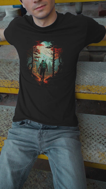 person walking in a forest with a bird flying - Unisex Round Neck Regular Fit 100% Combed Cotton Half Sleeve T-Shirt